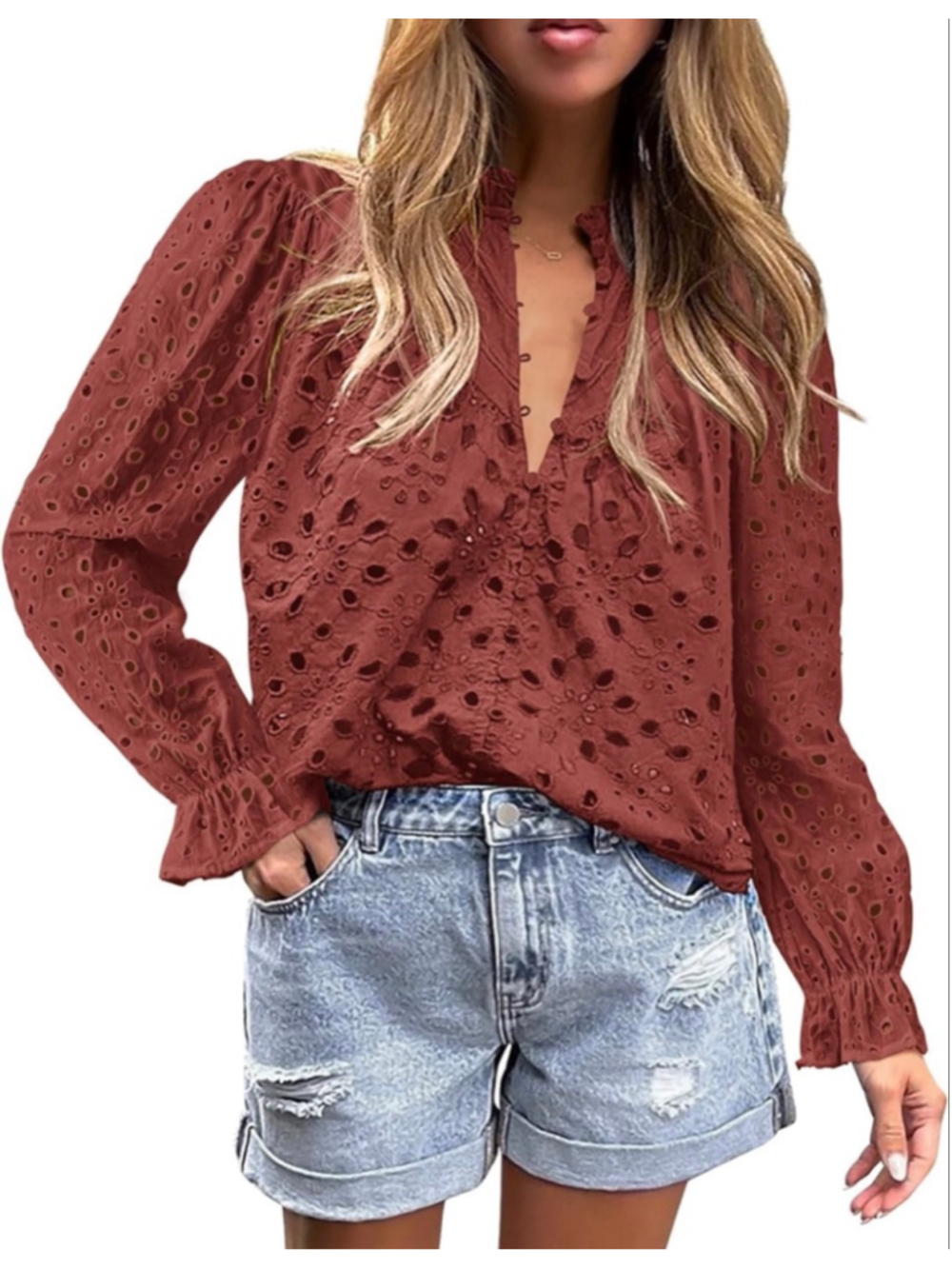 NEW Long Sleeve Button V Neck Hollow Out Lace Embroidered Shirt S - Picture 1 of 8